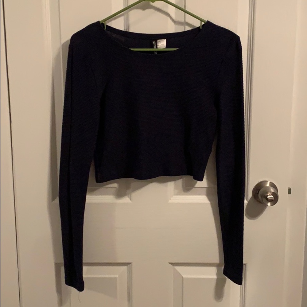Navy  blue, ribbed, long sleeve, crop top